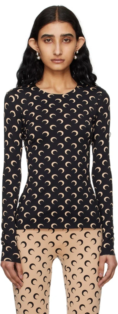 Marine Serre Black Leggings With Branded Waistband And All-over Moonogram Print In Recycled Stretch Fabric Woman In Black Beige