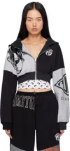 MARINE SERRE BLACK & GRAY UPCYCLED GRAPHIC CROPPED ZIPPED HOODIE