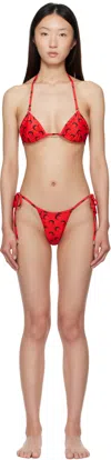Marine Serre Black & Red Swimwear Jersey Bikini In Red