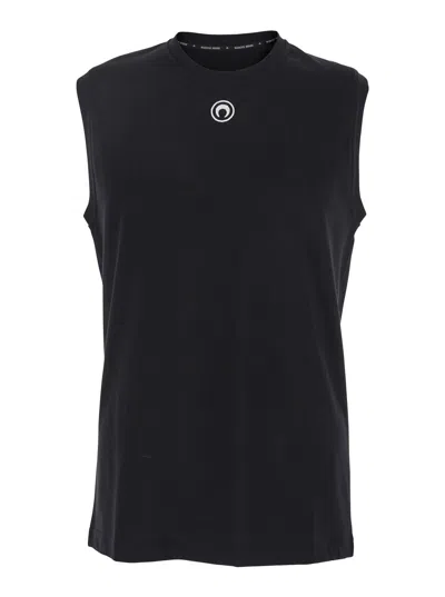 Marine Serre Black Crewneck Sleeveless Top With Logo Embroidery On The Front And Logo Patch On The R In Multicolor