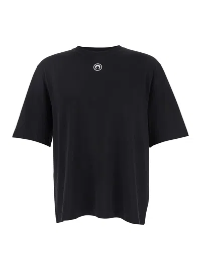 Marine Serre Black Crewneck T-shirt With Logo Embroidery On The Front And Logo Patch On The Rear In Cotton Man