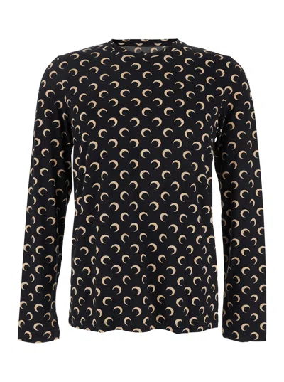 MARINE SERRE BLACK CREWNECK TOP WITH ALL-OVER MOON PRINT IN TECH FABRIC STRETCH WOMAN