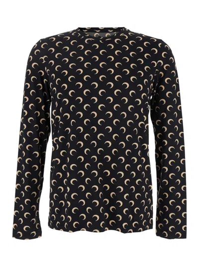 Marine Serre Black Crewneck Top With All-over Moon Print In Tech Fabric Stretch Woman