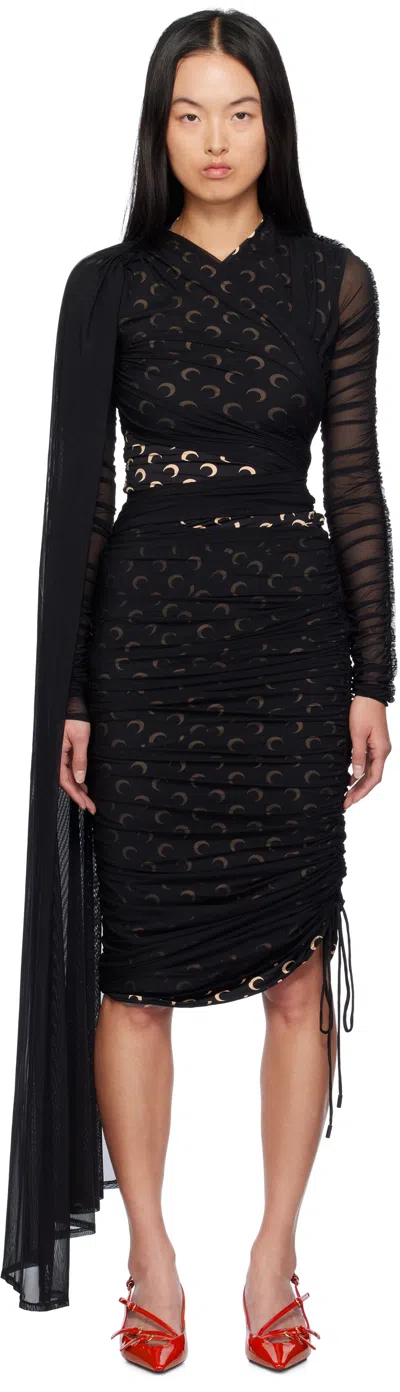 Marine Serre Black Jersey Draped Midi Dress In Bk99 Black