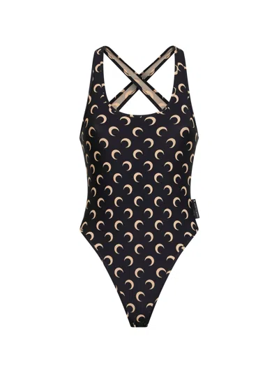 Marine Serre Black Jersey Moon One-piece Swimsuit In Sand