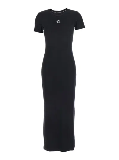 Marine Serre Black Long Dress With Crescent Moon Logo Embroidered On The Front