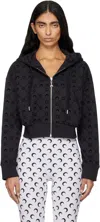 Marine Serre Black Moonogram Flocked Fleece Cropped Zipped Hoodie In Black