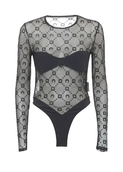 Marine Serre Black Moonogram Mesh Bodysuit In Grey