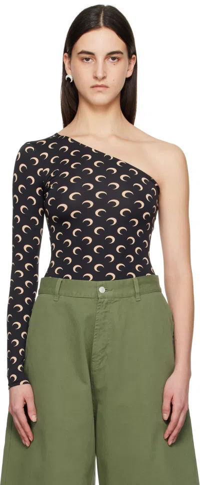Marine Serre Black Recycled Moon Jersey Second Skin Asymmetric T-shirt In It99 Inverse Tan
