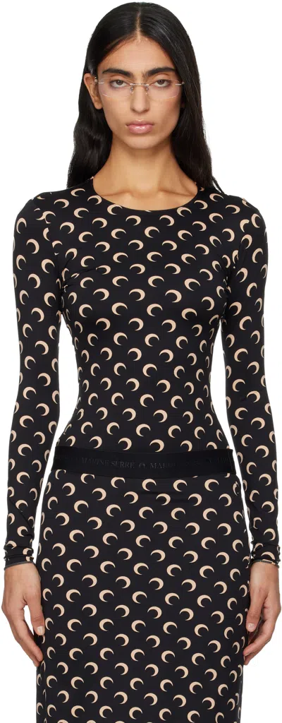 Marine Serre Black Recycled Moon Jersey Second Skin T-shirt In Brown