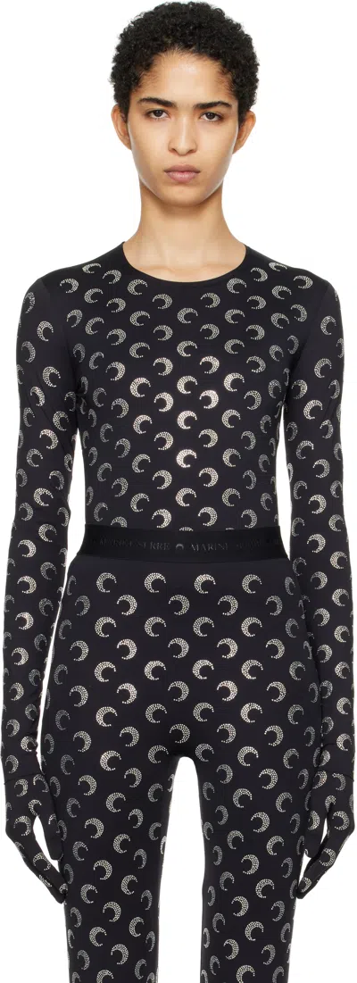 Marine Serre Black Recycled Moon Strass Jersey Ss Crewneck Top In Bk95 Black Strass