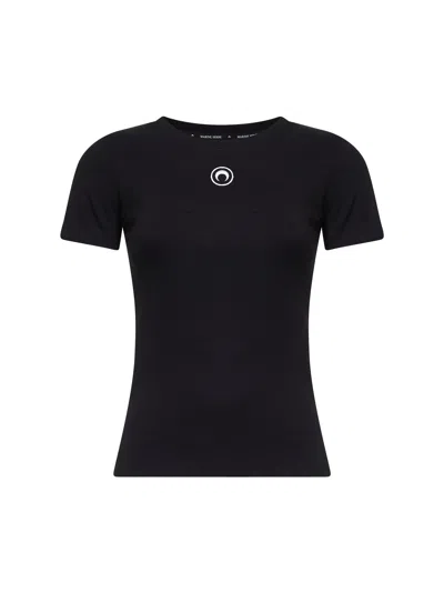 Marine Serre Black Ribbed Jersey Moon Logo T-shirt