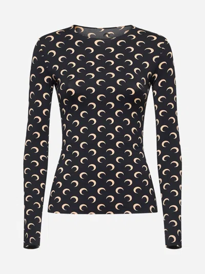 Marine Serre Moon Printed Jersey Second Skin Crewneck Top In Brown