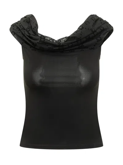 Marine Serre Black Textured Off Shoulder Top