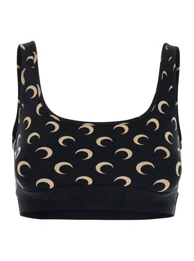 Marine Serre Black Top With All-over Crescent Moon Print In Tech Fabric Woman