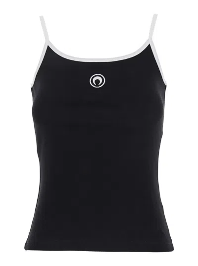 MARINE SERRE BLACK TOP WITH CRESCENT MOON LOGO EMBROIDERED ON THE FRONT AND LOGO PATCH ON THE BACK