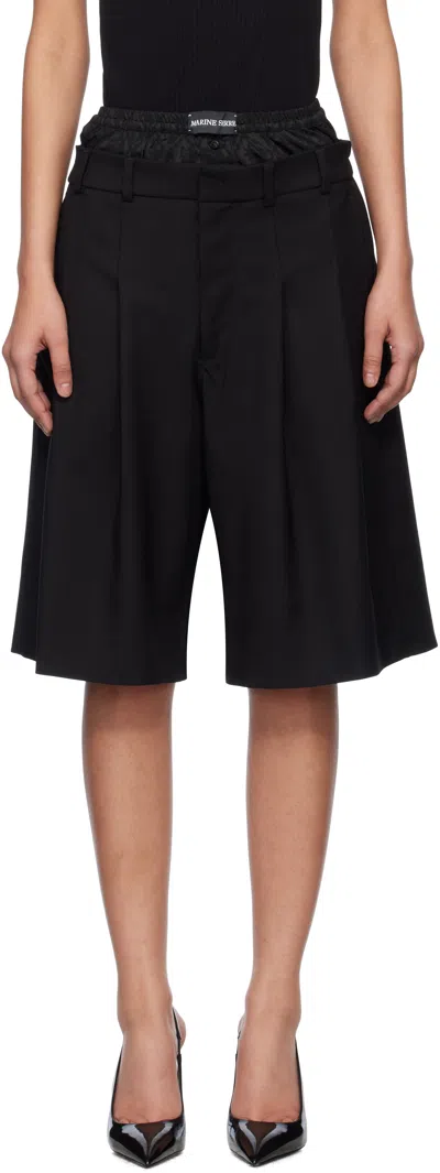 Marine Serre Black Virgin Wool Twill Shorts In Bk99 Black