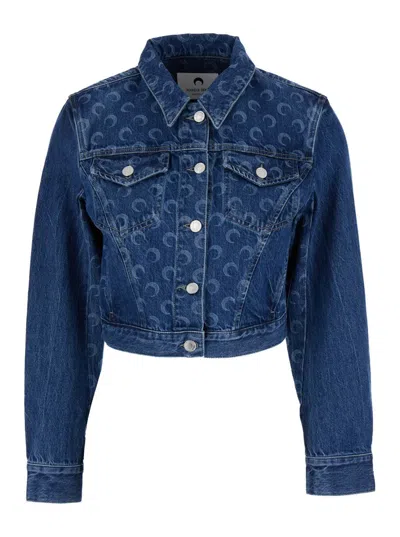 MARINE SERRE BLUE DENIM JACKET WITH ALL-OVER MOONGRAM PATTERN IN COTTON WOMAN