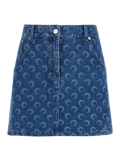 Marine Serre Blue Mini Skirt With Crescenti Moon Print In Denim Woman