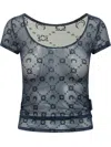 Marine Serre Wide Neck Black T-shirt With Tone-on-tone Velvet Logo In Blue