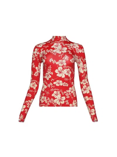 Marine Serre Bodycon Fit High Neck Top With Intricate Topstitching In Red