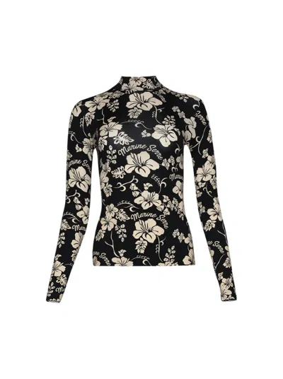 Marine Serre Bodycon High Neck Top With Elegant Floral Pattern In Black