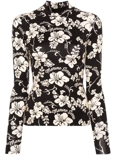 Marine Serre Botanical-print High-neck T-shirt In Black