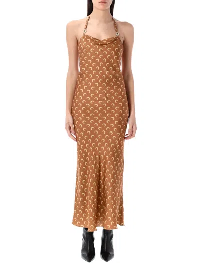 MARINE SERRE BROWN MOON SATIN LONG SLIP DRESS
