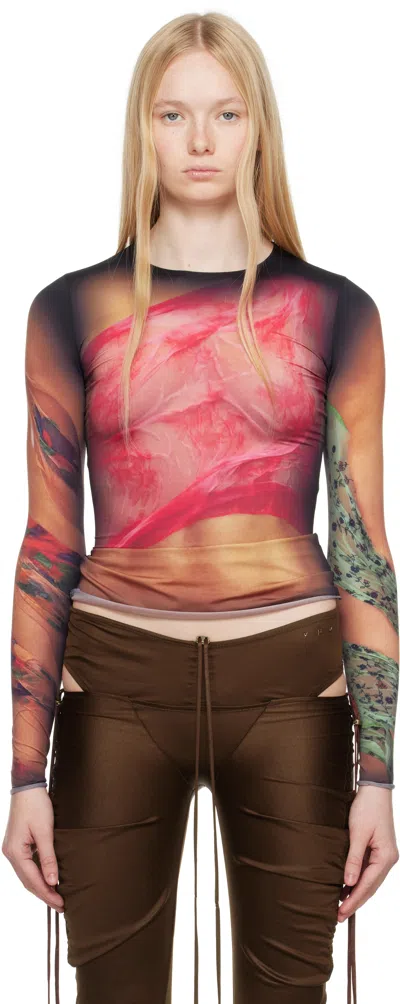 MARINE SERRE BROWN RECYCLED DRAPED STATUE JERSEY SECOND SKIN T-SHIRT