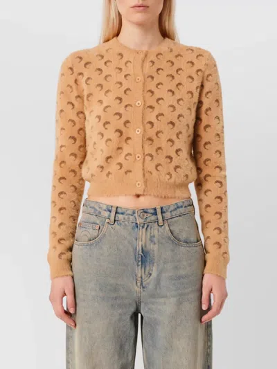 Marine Serre Cashmere Moon Jacquard Cropped Cardigan In Brown
