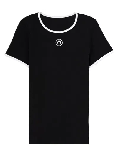Marine Serre Logo Cotton White Trim T-shirt In Black