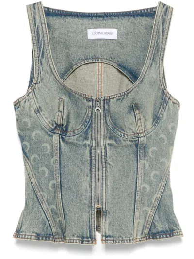Marine Serre Crescent Moon Denim Top In Blue