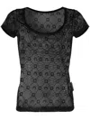 Marine Serre Wide Neck Black T-shirt With Tone-on-tone Velvet Logo In Black