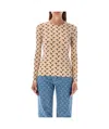 Marine Serre Beige Crewneck T-shirt With All-over Crescent Moon Print In Tech Fabric Stretch Woman In Nude