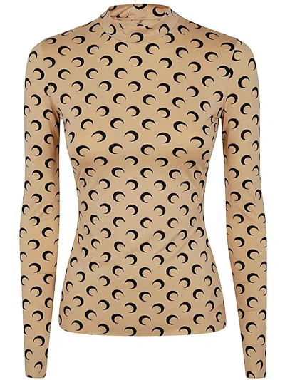 Marine Serre Crescent Print Turtleneck Long-sleeved Top In Brown