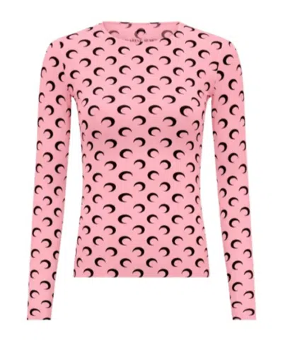 Marine Serre Crew Neck Moon Print Long Sleeve Top In Pink