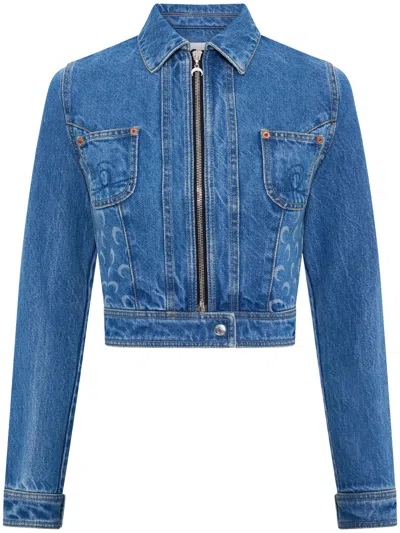 Marine Serre Cropped Denim Trucker Jacket With Crescent Moon Patterns In Blue