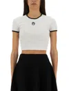 Marine Serre White Cropped Crewneck T-shirt With Logo Embroidery On The Front