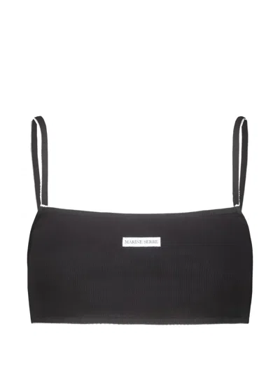 Marine Serre Cute 70's Ribbed-knit Logo-patch Bra In Black