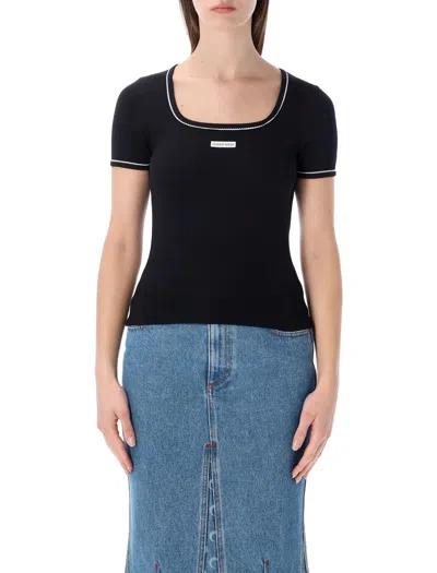 Marine Serre Seventies Square Neck Ribbed T-shirt Top In Black