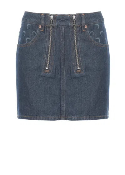 Marine Serre Dark Blue Denim Mini Skirt With Moon Logo Details