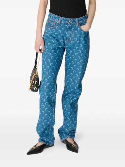 Marine Serre Mini Signature Print Five-pocket Pants With Belt Loops In Blue