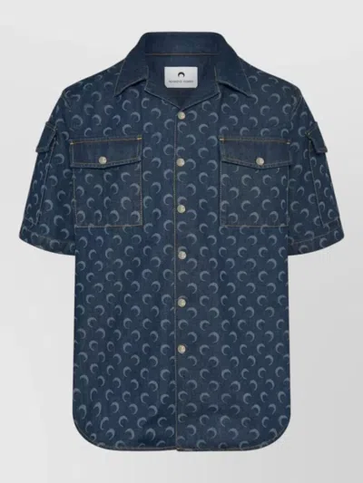 Marine Serre Denim Shirt Moon Motif Short Sleeves Pockets In Blue