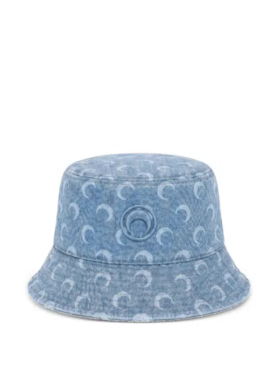 Marine Serre Distressed Denim Hat With All-over Print In Blu