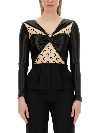 Marine Serre Draped Bodysuit With Glossy Black Fabric In Multi