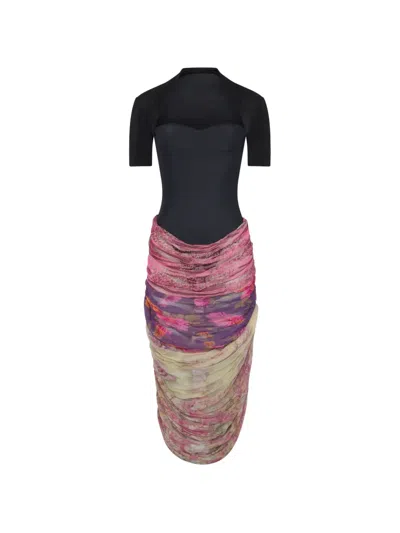 Marine Serre Draped Floral Midi Dress In Black