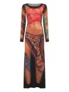 Marine Serre Multicolor Long Dress With All-over Graphic Print In Brown