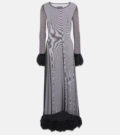 Marine Serre Faux Feather-trimmed Mesh Maxi Dress In Black
