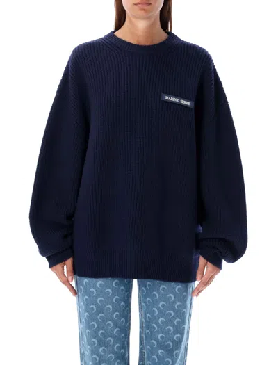 Marine Serre Ms Half Cardigan Knit Crewneck Sweater In Blue