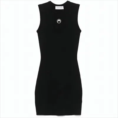 MARINE SERRE FITTED BLACK MINI DRESS WITH CIRCULAR EMBLEM